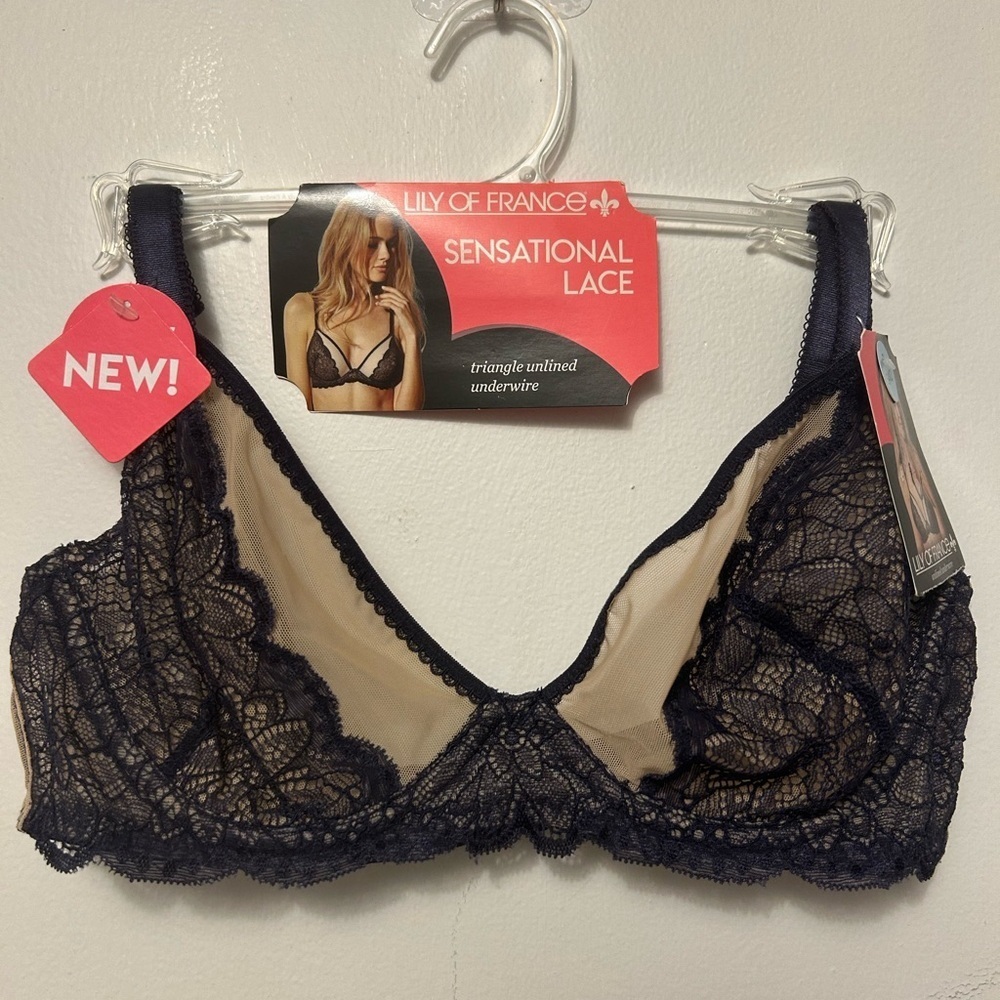 Lily of France Sensational Lace Bra - navy and beige sz 34B nwt,02